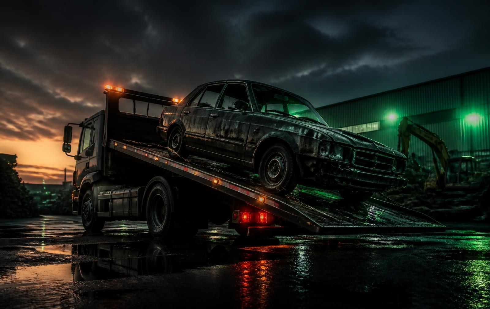 Flatbed tow truck loading a junk car at dusk